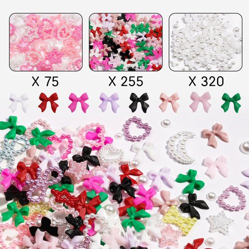 650+ Pcs 3D Nail Art Charms Kit with Flatback Pearls - 8 Colors Bow Charms, Star Moon Heart Jewels & 3-6mm Mixed Size Pearls for Professional Manicure Designs, Includes Dual-End Brush and Tweezers