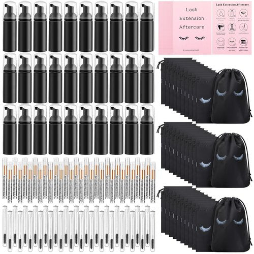 Zhehao 150 Pcs Lash Shampoo Kit Bottle Brushes Bulk 30 Eyelash Dispensers 30 Lash Shampoo Brushes 30 Reusable Aftercare Bag 30 Eyelash Pipes 30 Extension Aftercare Cards(Black)