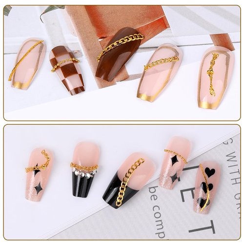 8 Strips Nail Art Chains Metal Chain Nail Charms Gold Nail Jewelry Chains 3D Nail Art Chain Nail Decorations Supplies Punk Nail Studs Accessories for DIY Making Nails Manicure Jewelry Tips Decor