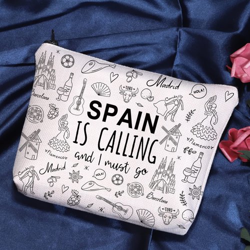 POFULL Spain Family Trip Gift Spain Is Calling And I Must Go Cosmetic Bag Spanish Honeymoon Gift (Spain Is Calling Cosmetic Bag)