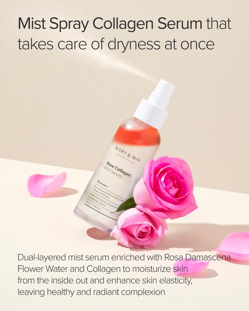 Mary&May Rose Collagen Mist Serum - Double Layer Essence Face Spray - Instant Hydration, Radiance, Anti-Aging and Glowing Skin with Damask Rose Water and Plant-Based Oils, 3.38 fl.oz.