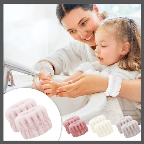 Hosslearlear 4 Pairs Wrist Bands for Washing Face, Microfiber Wristbands for Women Skin Care Preventing Water from Spilling Down Arm, Multicolor (Beige, Mica, Pea red, Pink)