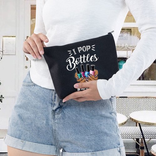 LEVLO Nail Technician Cosmetic Bag Manicurist Nail Tech Gift I Pop Bottles Nail Tech Make up Zipper Pouch Bag Nail Artist Gift (I Pop Bottles Black)