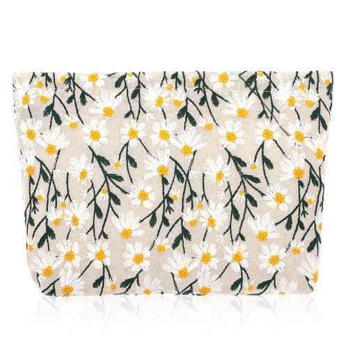YBEATY Large Makeup Bags Travel Capacity Canvas Make Up Organizer Cute Daisy Purse Cosmetic Pouch Toiletry Brushes Zipper Storage Tool for Women Girls Teen (White)