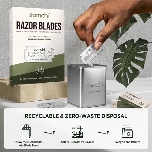 Zomchi 100 Counts Double Edge Razor Blades 2.0 with Premium Metal Razor with Stand