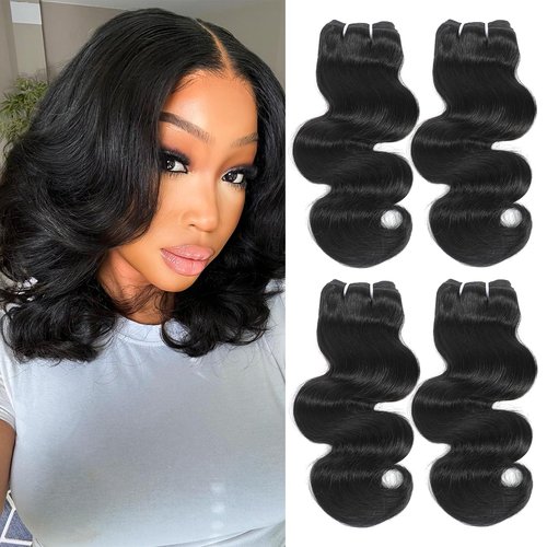 HVN-KVVM Body Wave Bundles Human Hair 12 Inch 12A Human Hair Bundles 100% Unprocessed Brazilian Virgin Hair Quick Weave Deals 4 Bundles Human Hair Natural Black Color (12/12/12/12, 4 Bundles)