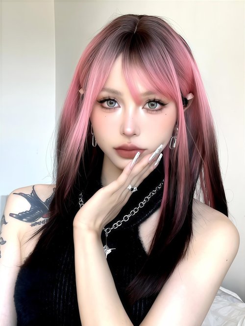 Aadesso Pink Highlight Black Hair 65cm medium-length Straight wigs for Daily Wear Heat Resistant Synthetic Matte wig with Realistic Simulation Scalp Middle Part with wig cap
