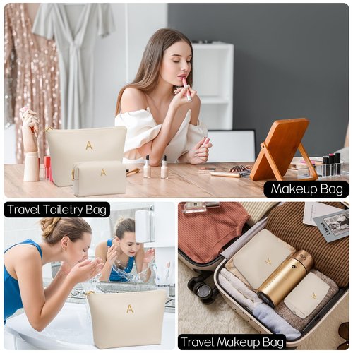 CLOUDWINGS Women Gifts | Initial Makeup Bag Set for Girl Personalized Gifts for Bridesmaid Friend Graduation Teachers PU Leather Cosmetic Travel Toiletry Bag(Beige,A)