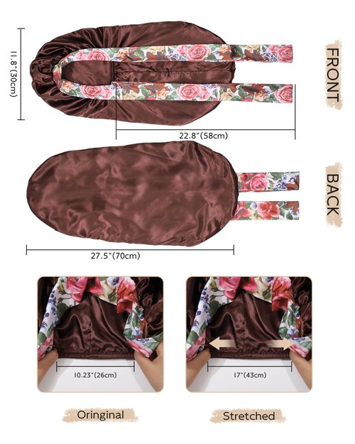 MBJERRY Long Satin Braids Bonnet - Silk Hair Bonnets for Sleeping Stretchy Tie Band for Black Women Elastic Sleep Cap for Curly Hair (Brown)