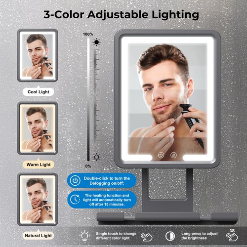 Rocollos Heated Fogless Shower Mirror, 360 Rotation, 3 Color Lighted, Rechargeable, Anti-Fog, Black, 13"L x 9"W