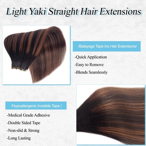 Balayage Yaki Tape in Hair Extensions Human Hair, Light Yaki Straight Tape ins Human Hair Extensions for Black Women 14 Inch Natural Black with Chocolate Brown Highlight Remy Extension with Dark Roots