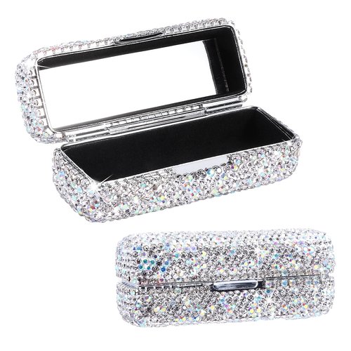 Homfanseec Rhinestone Lipstick Case with Mirror, Bling Crystal Lipstick Case Diamonds Makeup Cosmetic Storage Box Holder for Purse Ladies Fashion (Silver Color)