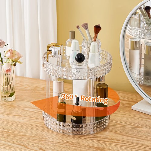 Xonusin 360° Rotating Makeup Organizer, 2 Tier Large Perfume Organizers with Portable Handle for Vanity Bathroom Countertop, Bathroom Counter Organizer for Cosmetics Skincare Perfume