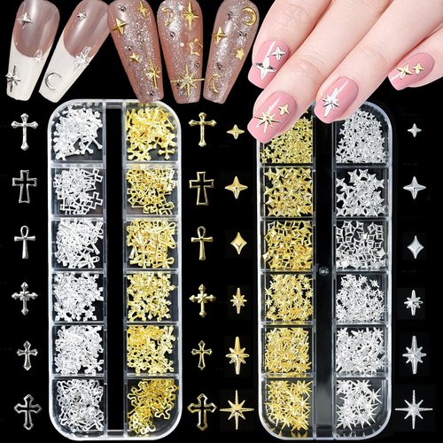 Star Cross Nail Charms - 2 Boxes Nail Star Charms Art - Y2k Silver & Gold Cross Nail Art - Metal Nail Decoration Set - Nail Studs (Star Cross Set)