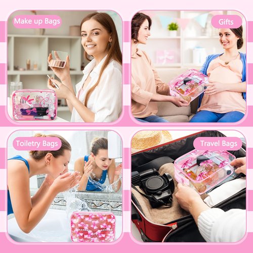 Kacctyen 8 Pcs Coquette Pink Bow Makeup Bags Clear PVC Skincare Cosmetic Bags Waterproof Travel Toiletry Zipper Pouch Coquette Party Favors Gifts for Women Girls Travel Storage Accessories(Bow)
