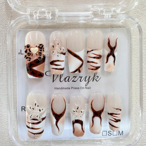 Handmade Press on Nails with Charms - Long Square French False Nails, Stars, Leopard, 3D Flower Embossed Designs for Women & Girls, Nail Kit