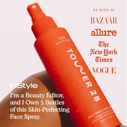Tower 28 SOS Daily Rescue Facial Spray for Sensitive Skin, Hypochlorous Acid Spray Helps Reduce Redness and Breakouts, Full Size Toner for Face, 4 FL Oz