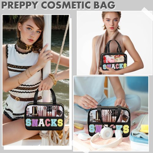 Snack Bag for Travel - Chenille Letter Clear Makeup Bag, Large Preppy Patch Snack Cosmetic Bag with Handle and Zipper, Cute Makeup Pouch Nylon&PVC Waterproof Toiletry Organizer Storage for Women