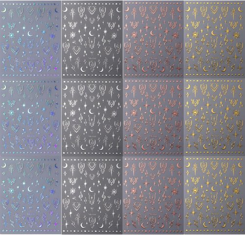 12 Sheets Metallic Sun Star Nail Art Stickers Silver Aurora Gold Moon Nail Stickers 3D Self-AdhesiveGlitter Rose Gold Silver Star Moon Nail Art Design for Women DIY Nail Decorations