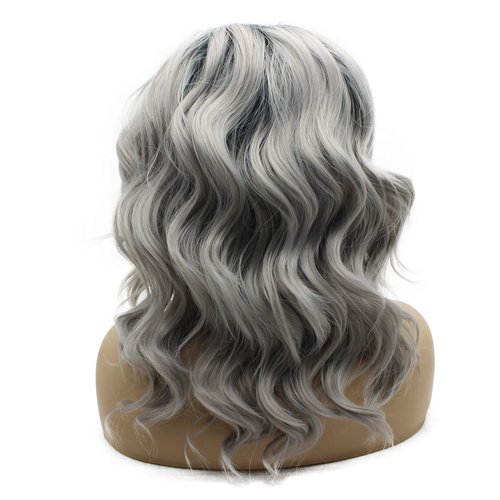 iwonawig Iewig Shoulder Length Wavy Dark Root Ombre Grey Lace Front Synthetic Party Wig