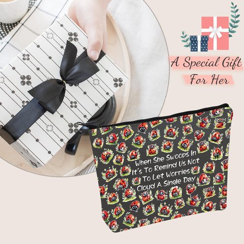 JXGZSO Good Luck Ladybug Makeup Bag With Zipper Gifts For Women When She Swoops In It's To Remind Us Not To Let Worries Cloud A Single Day Cosmetic Bag (Ladybug Bag Black)