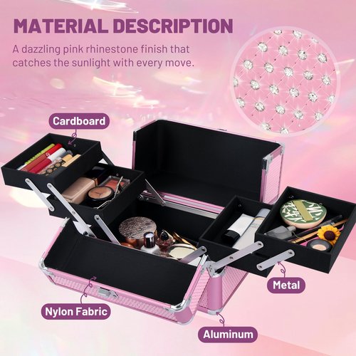 HAISKY Makeup Train Case Cosmetic Organizer Case Makeup Box Portable Make Up Artist Travel Case with 4 Trays Dividers Lockable Hard Train Case Nail Tech Supply Storage - Crystal Pink