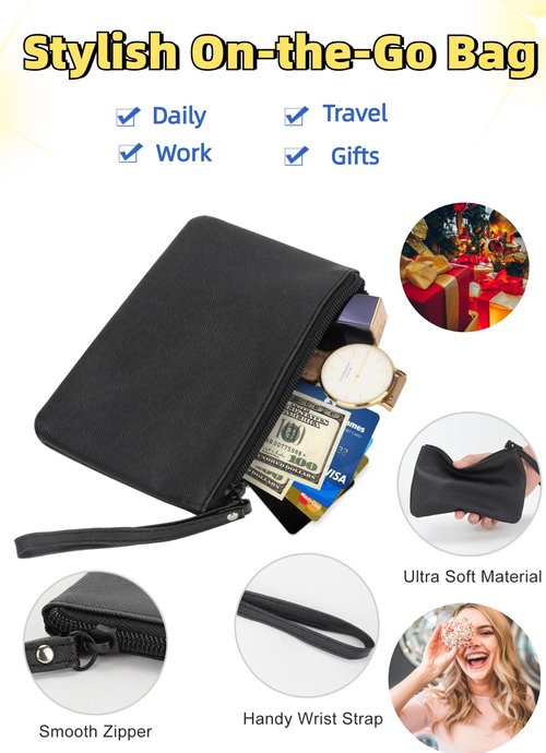 SeBUCUOO 2 Pack Small Zipper Pouch Mini Makeup Bag for Purse Lipstick Cosmetic Travel Make Up Organizer for Women Essentials, Car Change Coin Holder 4.5 x 6.5 Clutch Stadium Approved Wristlet, Black