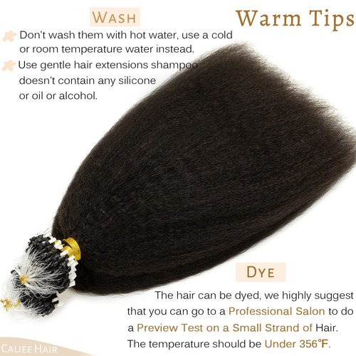 Caliee Microloop Kinky Straight 16 Inch, Micro Beads Human Hair Extensions Natural Black 1B Color 50g Real Remy Hair Extensions 50s