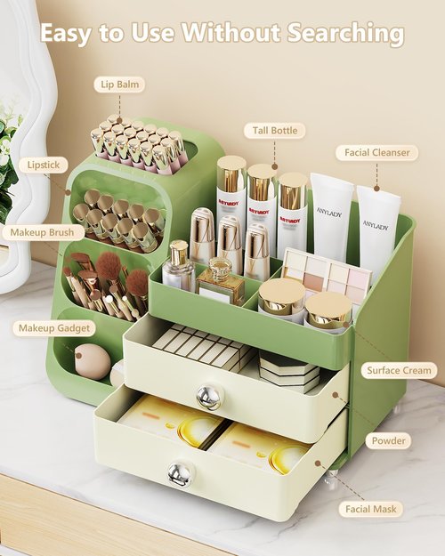 Anylady Makeup Organizer with Drawers, Skincare Organizer (Large Size Thick), Storage Box Cosmetic Display Cases, Make up Organizers for Vanity, Dresser, Desk, Kitchen, Countertop (green)