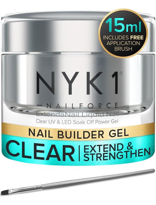 NYK1 Strengthening Clear Builder Gel For Nails (.5 Fl Oz / 15ml) NailForce Hard Gel For Nails Strengthener For Tips, Extensions & Repairs - UV & LED Sculpting Nail Builder With Free Application Brush