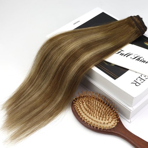Full Shine Clip in Hair Extensions Human Hair 16Inch Lace Clip in Human Hair Ombre Brown Fading to Blonde Highlight Double Weft Straight Hair Extensions for Women 60Grams 3Pcs