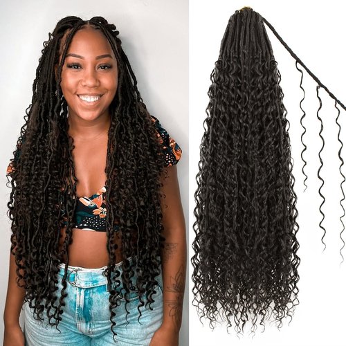 Haftaluv Boho Faux Locs Crochet Hair 9 Packs Long Goddess locs 30 Inch Boho Soft Locs With Curly Ends Pre Looped Bohemian River Loc Crochet Hair For Women (30 inch,#4)