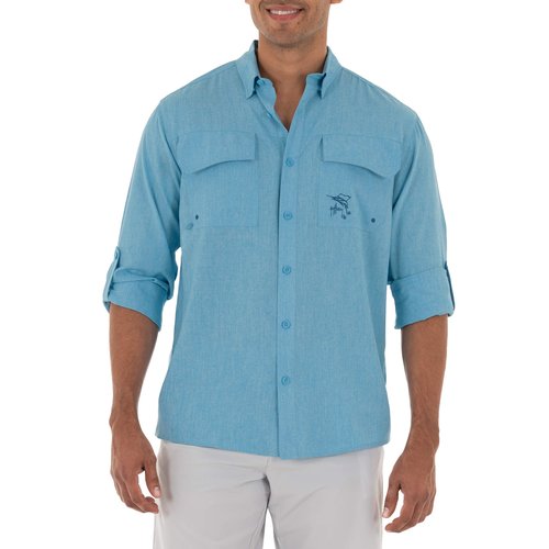 Guy Harvey Men's Long Sleeve Heather Textured Cationic Fishing Shirt, Bonnie Blue, Large