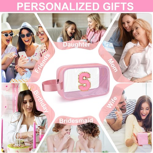 XANGNIER Clear Personalized Makeup Bag Initial Travel Toiletry Bag, 8.8''X2.7''X5.3''Size Pencil Pouch With Zipper and Handle Straps, Pink Gifts For Girlfriend Teacher Mom Brithday Mothers Day,D