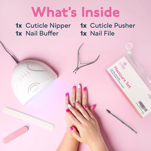 SUNUV UV LED Nail Lamp with 4PCS Cuticle Nippers, Cuticle Pusher with Nail File and Buffer Set, Professional Stainless Steel Durable Pedicure Manicure Nail Care Tools