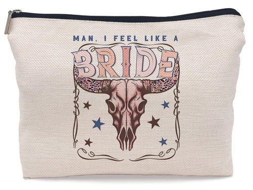 Lacosu Retro Western Bachelorette Party Nashville Bride Pink Bull Head Skull Makeup Bag,Men I Feel Like a Bride Cosmetic Makeup Bag for Teen Girls Women,Bachelorette Party Gifts Makeup Bag