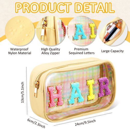 4 Pieces Chenille Letter Cosmetic Bag Set Nylon PVC Clear Waterproof Makeup Pouch Stuff Hair Travel Bag Zipper Multi Purpose Aesthetics Toiletry Organizer for Women Gym Travel Beach (Multicolor)