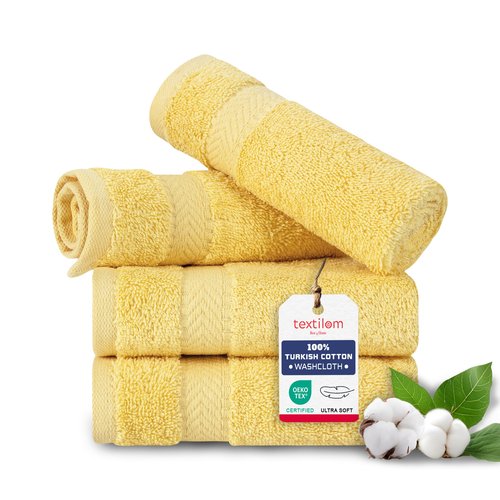 TEXTILOM Washcloths for Body and Face – Hotel and Spa Quality & Soft & Absorbent & Quick Dry Wash Cloths for Your Body – 100% Turkish Cotton Wash Clothes Towel Set of 4 (13 x 13 inches) - Yellow