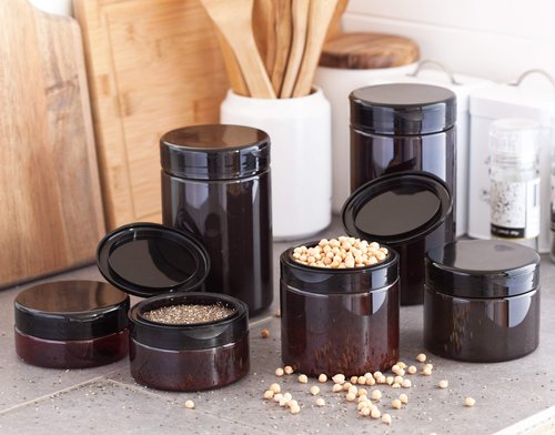 16 oz Amber PET Plastic Refillable Jar with Black Flip Top (6 Pack)