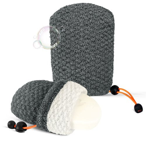 MIG4U Exfoliating Soap Bag for Shower 2 Pieces - Bar Soap Saver Pouch, Bamboo Body Scrubber Exfoliator Pocket in Travel Bathing, Grey, Double Layer
