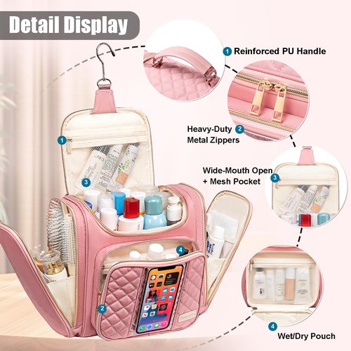Romenrita Travel Toiletry Bag for Women, Hanging Toiletry Bag, Bathroom Bag Portable Shower Caddy for College Dorm Travel Shower Bag for Women Water-Resistant Cosmetic Makeup Bag (Pink)