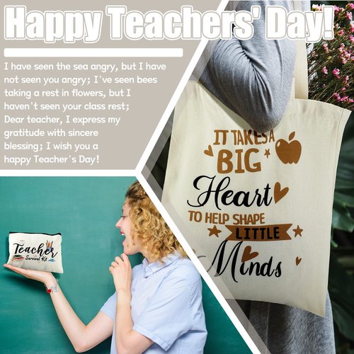 Sadnyy 9 Pcs Teacher Appreciation Gifts Sets Teacher Makeup Pouch Cosmetic Bag Teacher Tote Bag Bulk Canvas Teacher Bangle Bracelet Teacher's Day Birthday Graduation Back to School Gift for Teacher