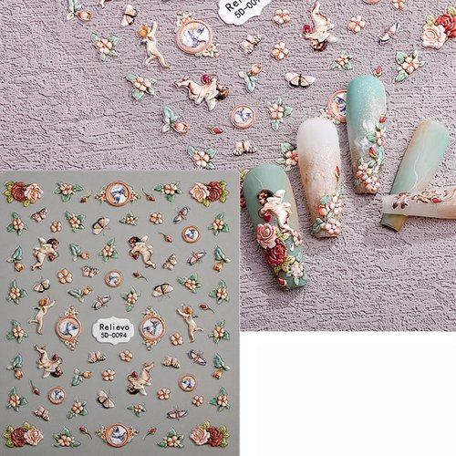 Zoance Embossed Angel Nail Stickers, 5D Stereoscopic Self-Adhesive Flower Baby Nail Decals Baroque Nail Art Stickers for Women Girls Nail DIY Manicure Decoration