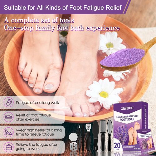 XIWEIOO 40 Packs of Foot Bath soak Salts kit Lavender Epsom Salts Tea Tree Oil Dry Cracked HEE Toenail Athletes Foot, Stubborn Foot Odor Scent, Softens Calluses Pedicure Tired Feet spa Message