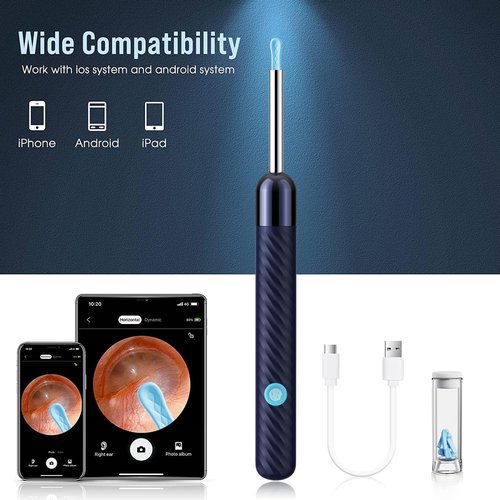 Ear Wax Removal - Earwax Remover Tool with 8 Pcs Ear Set - Ear Canal Cleaner with 1080P Camera - Ear Cleaning Kit with 6 Ear Spoon - Ear Camera for iOS & Android (Navy Blue)