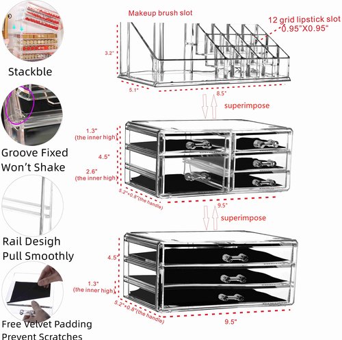 Cq acrylic Clear Makeup Organizer And Storage Stackable Large Skin Care Cosmetic Display Case With 8 Drawers Make up Stands For Jewelry Hair Accessories Beauty Skincare Product Organizing,Set of 3