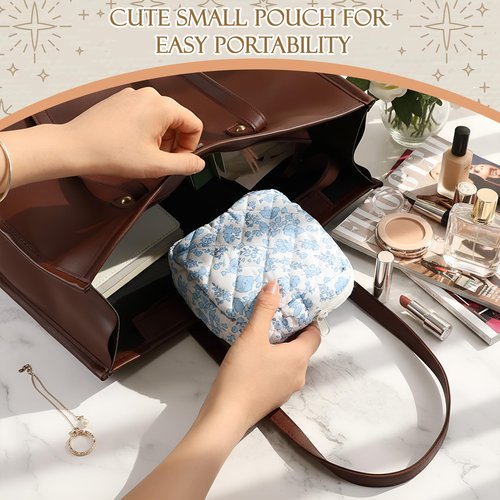 Weewooday 4 Pcs Small Quilted Makeup Bag Travel Cosmetic Makeup Bags Organizer Sanitary Napkin Storage Bag Floral Cotton Coquette Aesthetic Toiletry Bags for Women Girls(5x5x2inch,Novel)