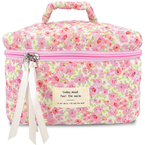 Sminra Makeup Bag Large Travel Quilted Cosmetic Makeup Bag Organizer, Floral Cotton Coquette Aesthetic Toiletry Bag for Women Girls (Pink Floral-L)