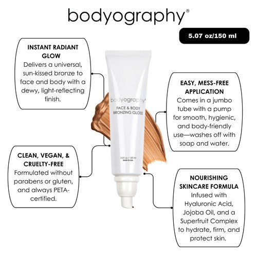 Bodyography Face & Body Bronzing Gloss for Women, 1.69 ounces - Hydrating Glow with Jojoba Oil, Hyaluronic Acid & Coffee, Vegan, Long Wear Shimmer Finish