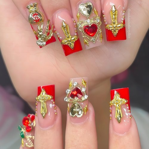 136PCS Gold Nail Charms and Gems,Heart,Cross,Rose,Starburst,Virgin Mary Charms for Nails Design,3D Alloy Y2k Nail Jewels Bulk Red and Clear Rhinestones Nail Art Decor Set